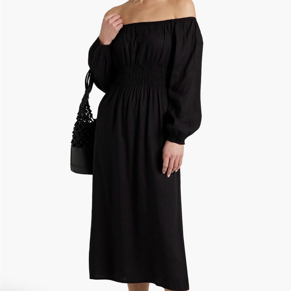 ONIA off-the-shoulder shirred linen-blend midi dress